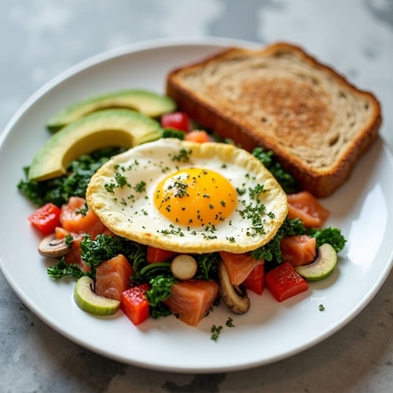 Egg White Vegetable Scramble with Sautéed Spinach and Smoked Salmon