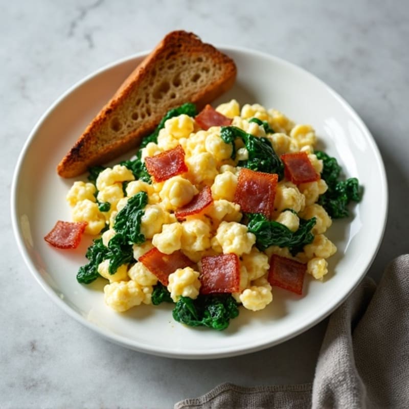 Cottage Cheese Egg Scramble with Sautéed Spinach and Turkey Bacon