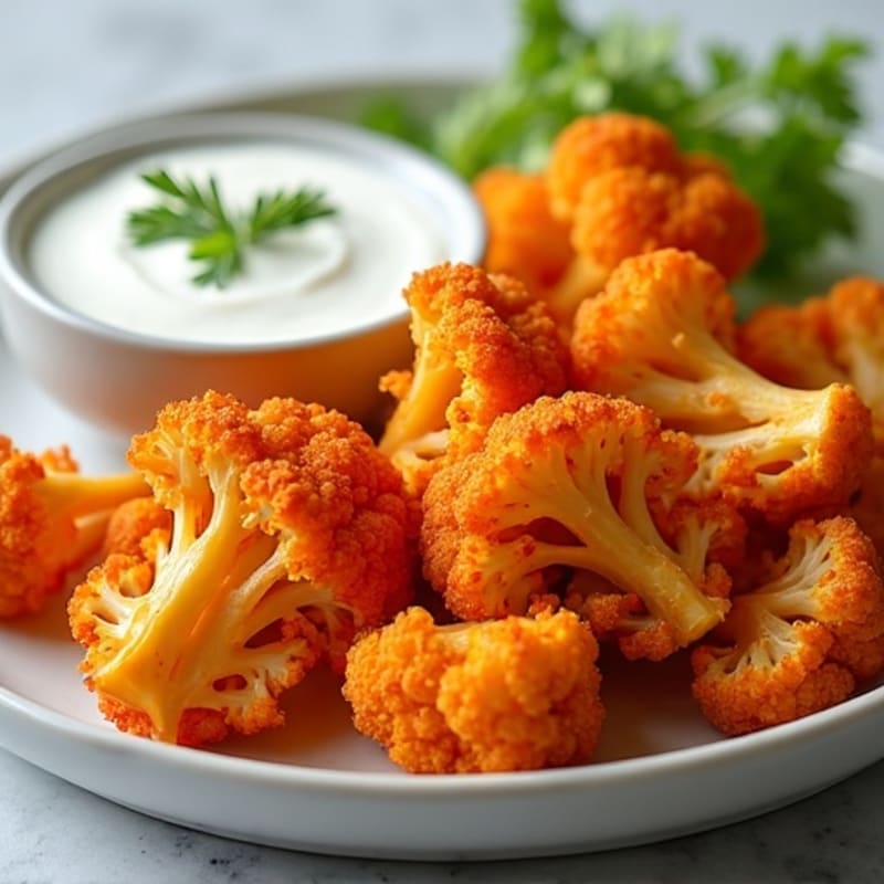 Crispy Buffalo Roasted Cauliflower with Creamy Greek Yogurt Ranch