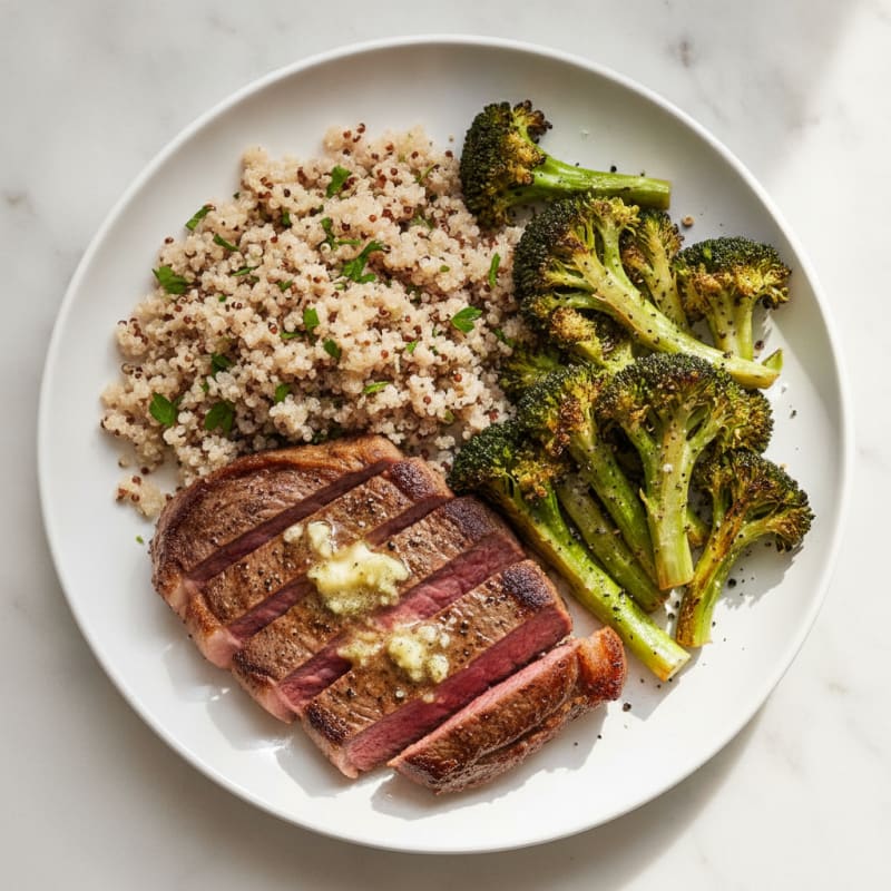 Seared Steak with Quinoa and Roasted Broccoli