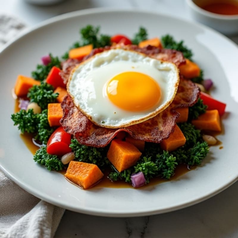 Sweet Potato and Kale Hash with Fried Egg and Turkey Bacon
