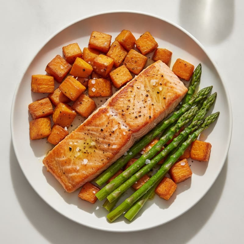 Seared Salmon with Roasted Sweet Potato and Asparagus