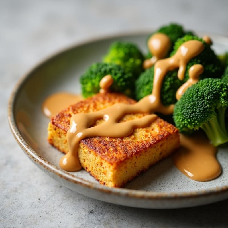 Crispy Baked Tofu with Roasted Broccoli and Creamy Peanut Sauce