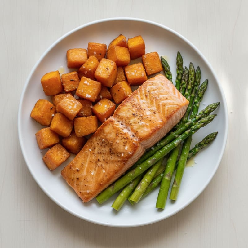 Seared Salmon Fillet with Roasted Sweet Potatoes and Asparagus