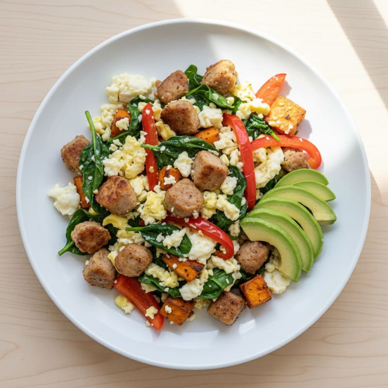 Egg White and Turkey Sausage Scramble with Spinach and Peppers