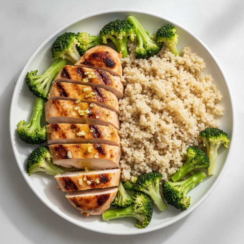 Grilled Lemon-Garlic Chicken Breast with Steamed Broccoli and Quinoa