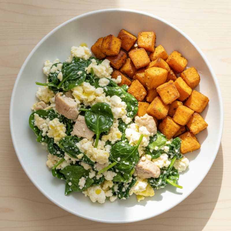 Cottage Cheese Egg White Scramble with Spinach and Sautéed Turkey