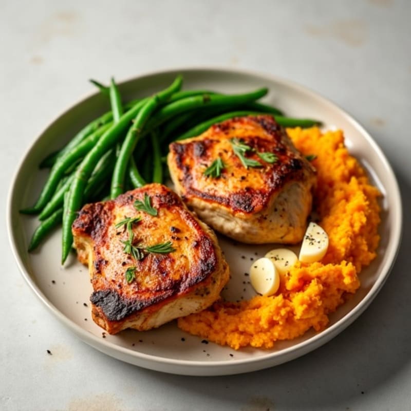 Seared Chicken Thighs with Garlic Green Beans and Sweet Potato Mash