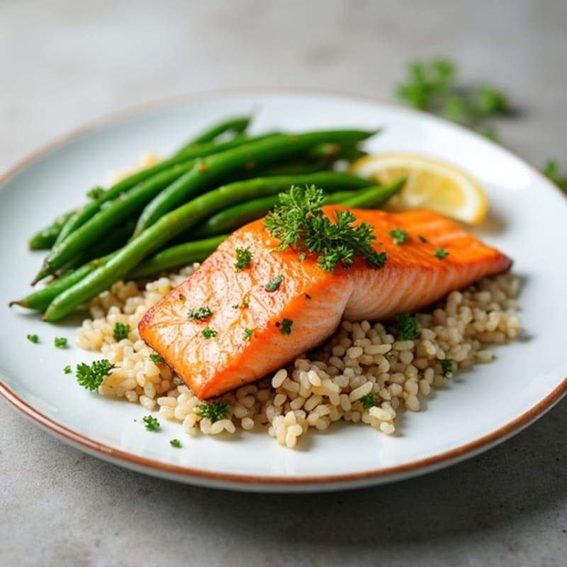 Seared Salmon with Garlic Green Beans and Herb Rice