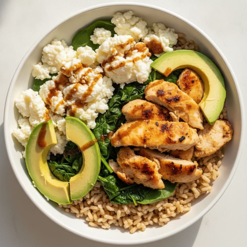 Egg White and Chicken Rice Bowl with Spinach