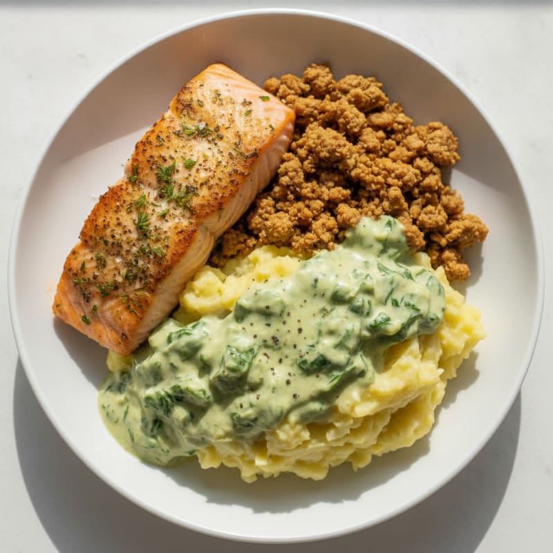 Herb-Crusted Salmon and Ground Turkey over Garlic Mashed Potatoes with Spinach Alfredo
