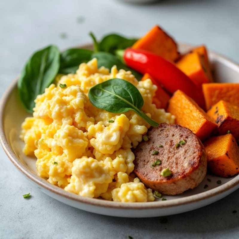 Egg White and Turkey Sausage Scramble with Roasted Sweet Potatoes
