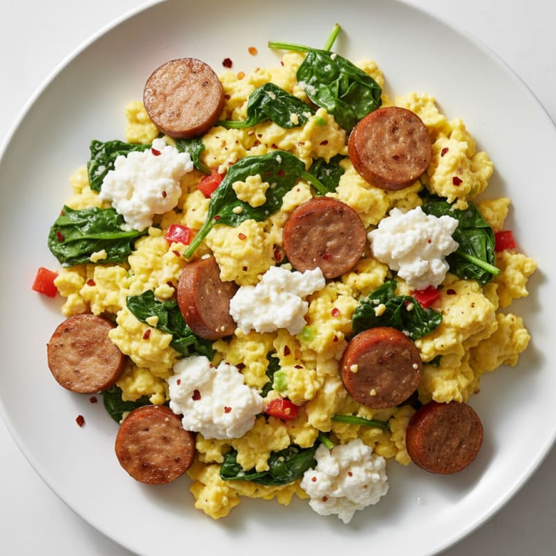 Cottage Cheese Scramble with Spinach and Turkey Sausage