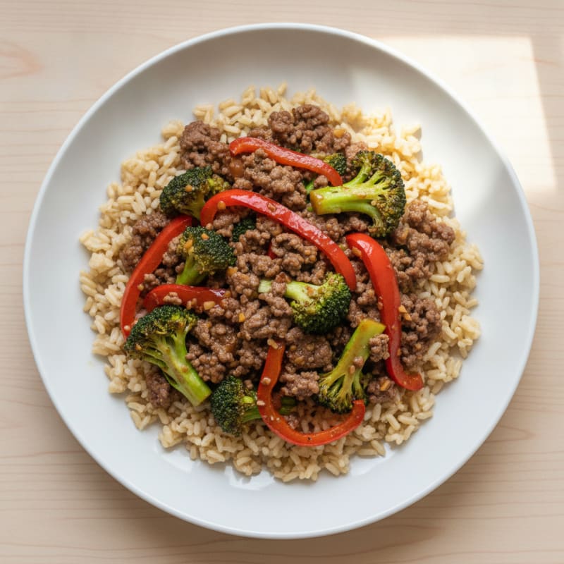 Ground Beef and Veggie Stir-Fry with Brown Rice