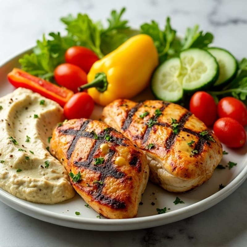 Grilled Lemon-Herb Chicken with Fresh Vegetable and Creamy Hummus Platter