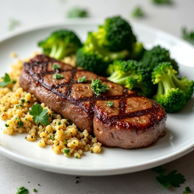 Seared Steak with Steamed Broccoli and Herb Quinoa