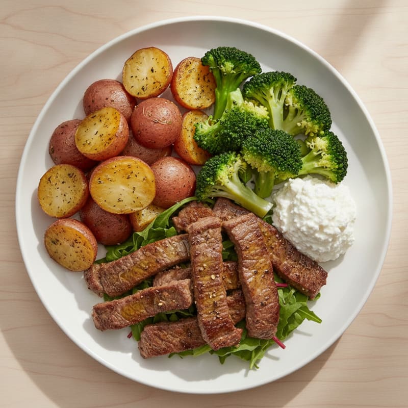 Seared Beef Strips with Roasted Potatoes and Steamed Broccoli