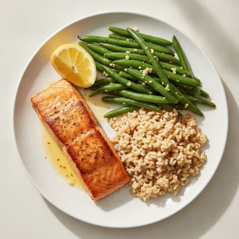 Seared Salmon with Garlic Green Beans and Brown Rice