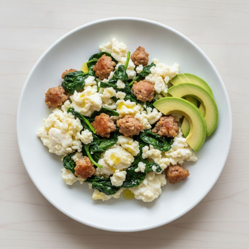 Scrambled Egg Whites with Turkey Sausage and Sautéed Spinach
