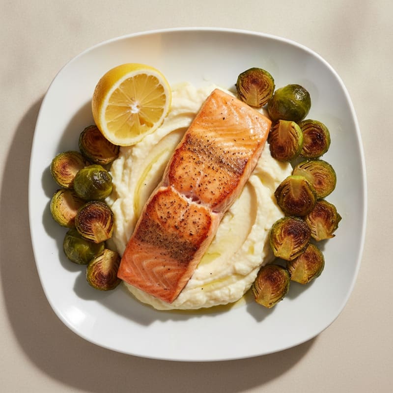 Seared Salmon with Roasted Brussels Sprouts and Cauliflower Mash