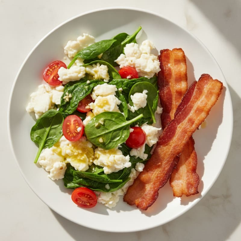 Scrambled Egg Whites with Turkey Bacon and Sautéed Spinach