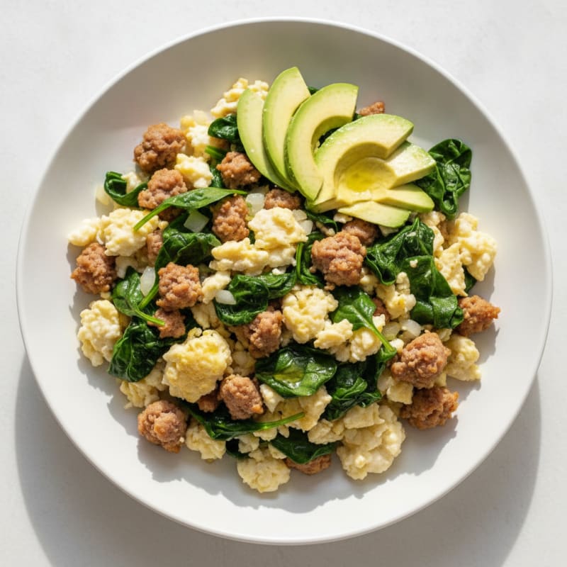 Scrambled Egg Whites with Turkey Sausage and Sautéed Spinach