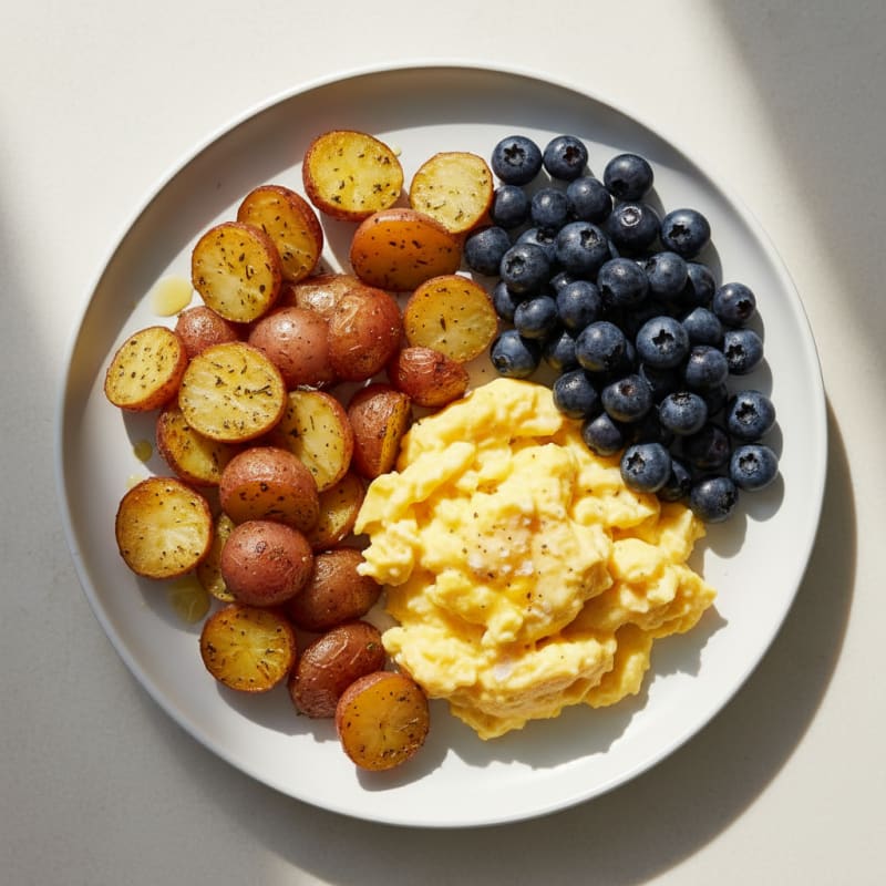 Scrambled Eggs with Roasted Potatoes and Fresh Berries