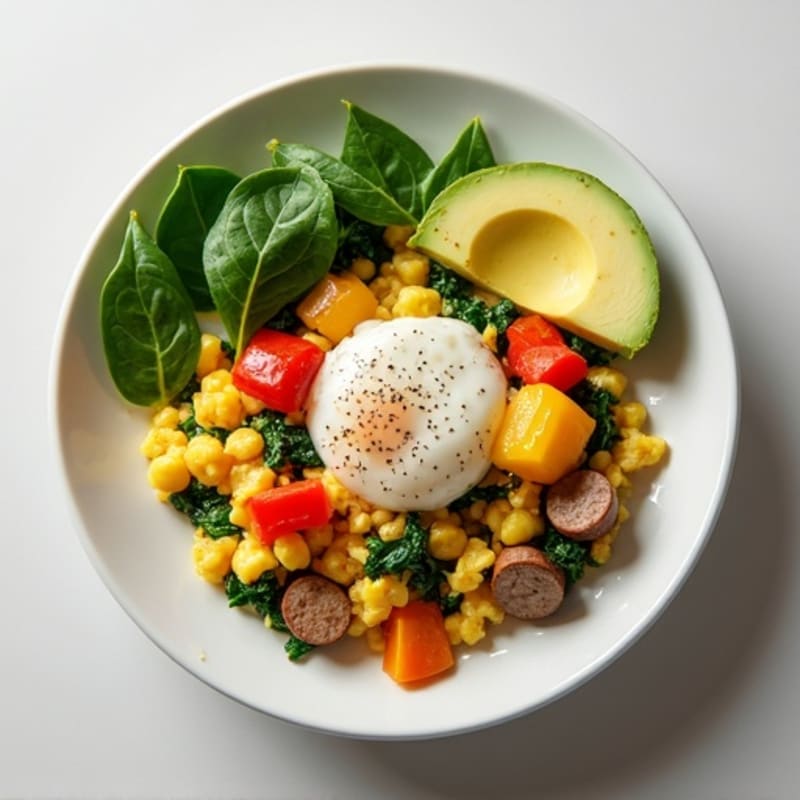Egg White and Turkey Sausage Scramble with Spinach and Bell Peppers