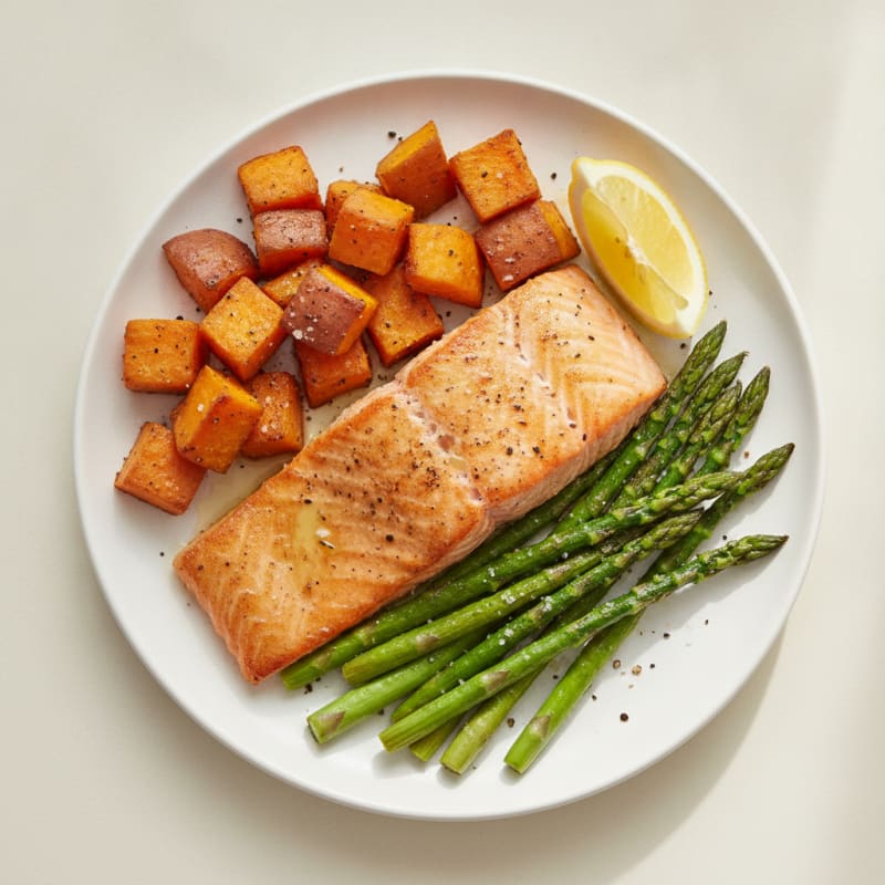 Seared Salmon with Roasted Sweet Potato and Asparagus