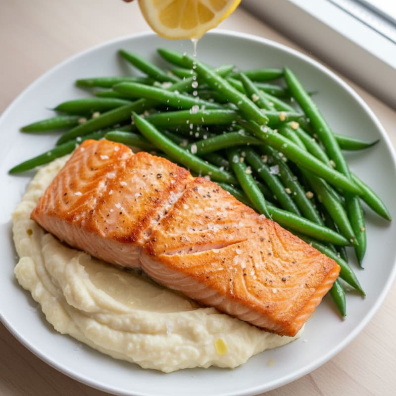 Seared Salmon with Garlic Green Beans and Cauliflower Mash