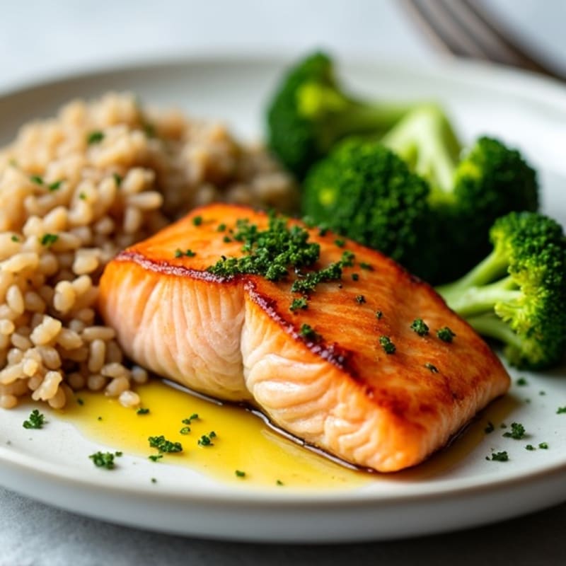 Seared Salmon with Steamed Broccoli and Brown Rice