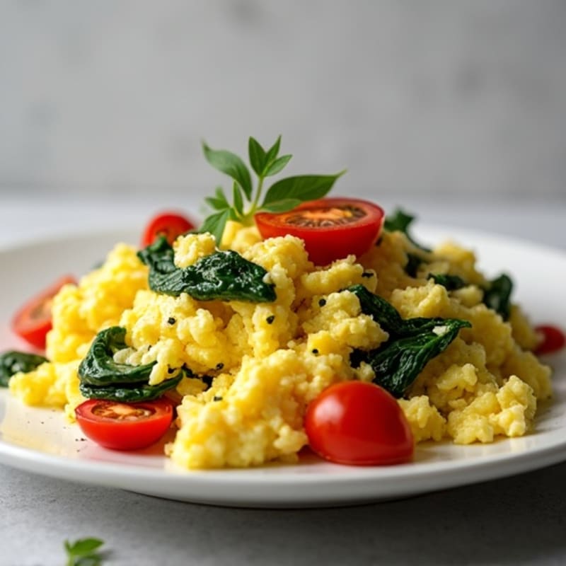 Fluffy Scrambled Eggs with Sautéed Spinach and Cherry Tomatoes