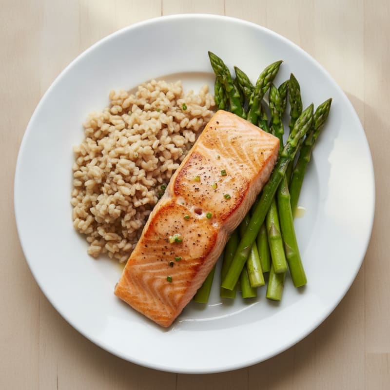 Seared Salmon with Steamed Asparagus and Brown Rice