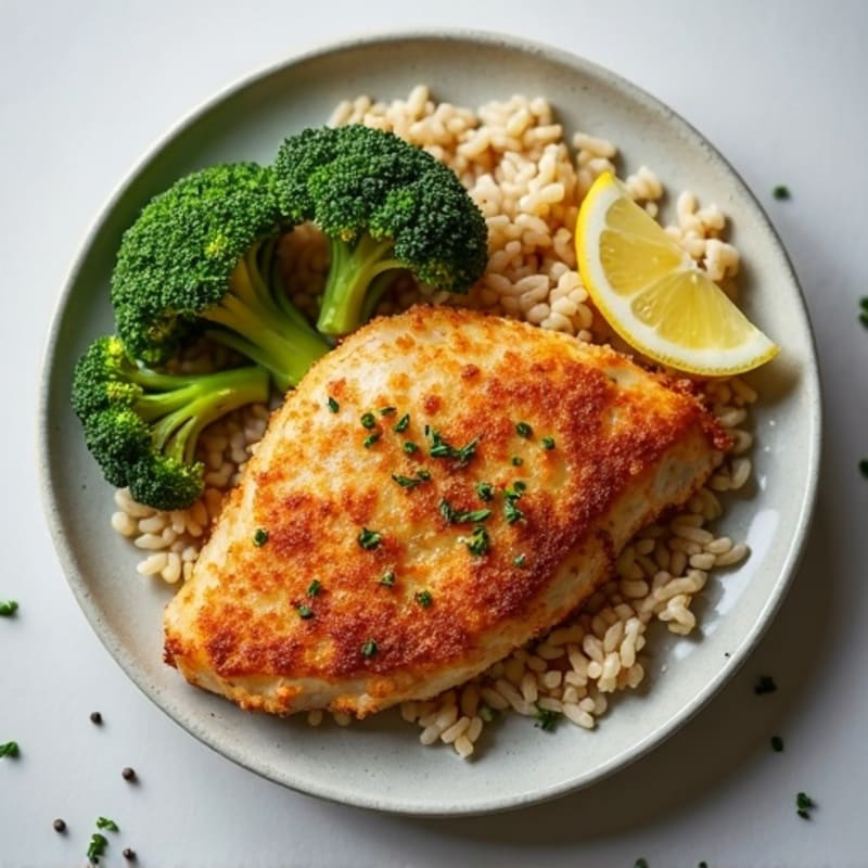 Crispy Lemon Garlic Chicken with Roasted Broccoli and Brown Rice