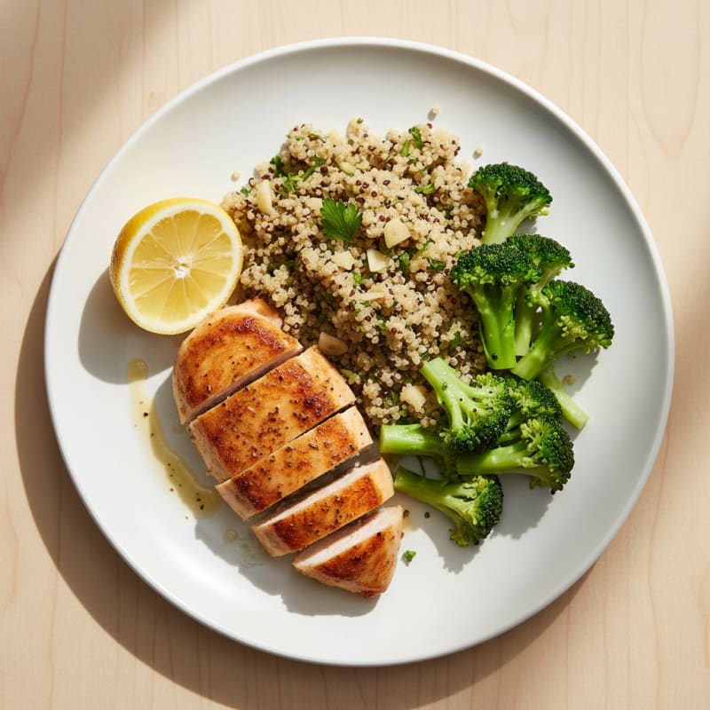 Seared Chicken Breast with Steamed Broccoli and Garlic Quinoa