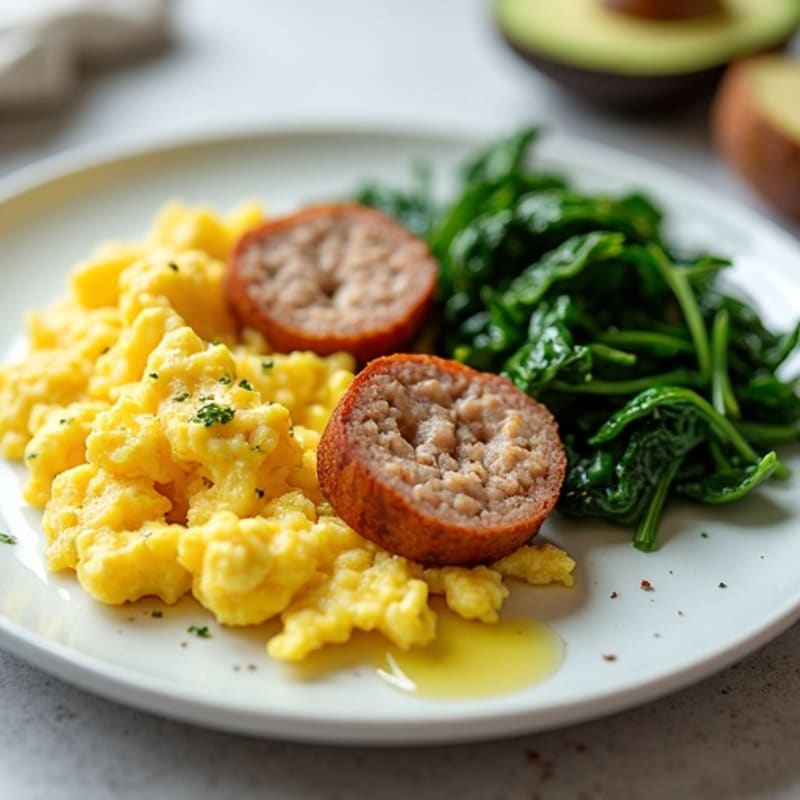 Scrambled Egg Whites with Turkey Sausage and Sautéed Spinach