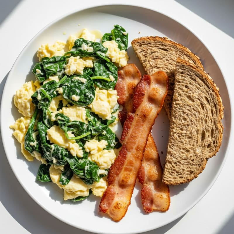 Scrambled Egg Whites with Turkey Bacon and Sautéed Spinach