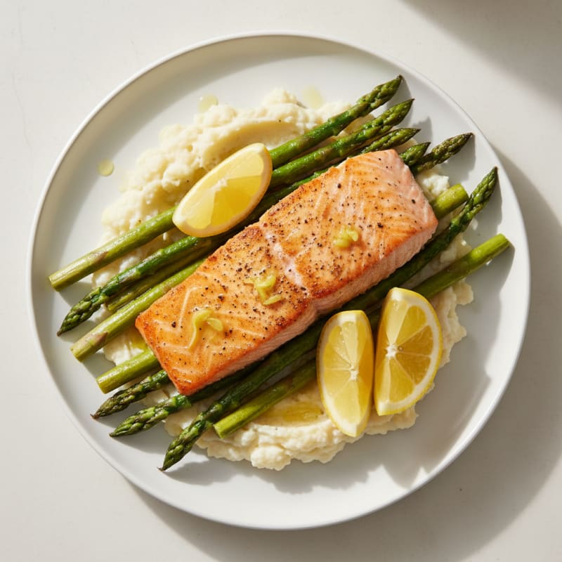 Seared Salmon with Roasted Asparagus and Cauliflower Mash