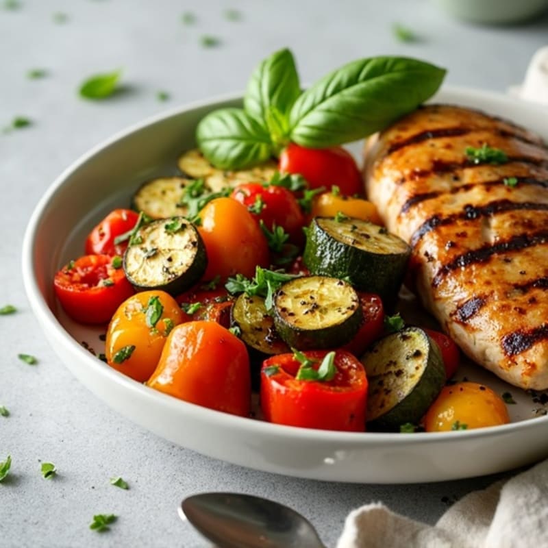 Fresh Herb Roasted Eggplant Zucchini Bell Pepper Medley with Grilled Chicken