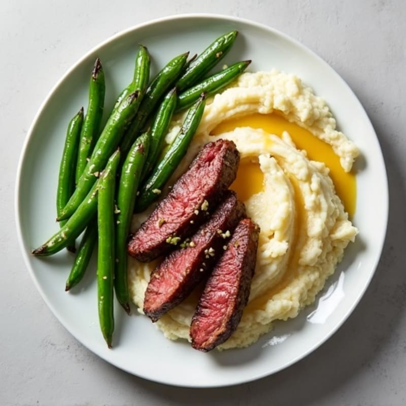 Seared Lean Beef Strips with Garlic Green Beans and Cauliflower Mash