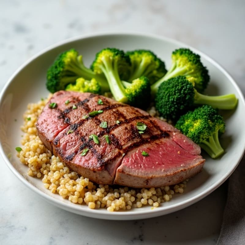 Seared Lean Beef with Steamed Broccoli and Garlic Quinoa