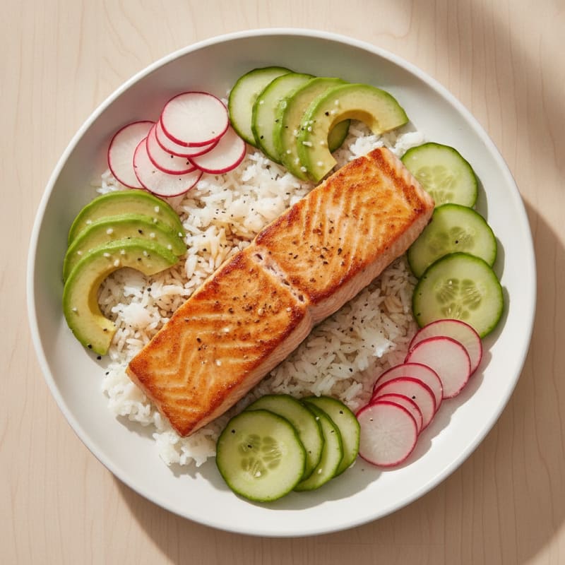 Pan-Seared Salmon Avocado Rice Bowl
