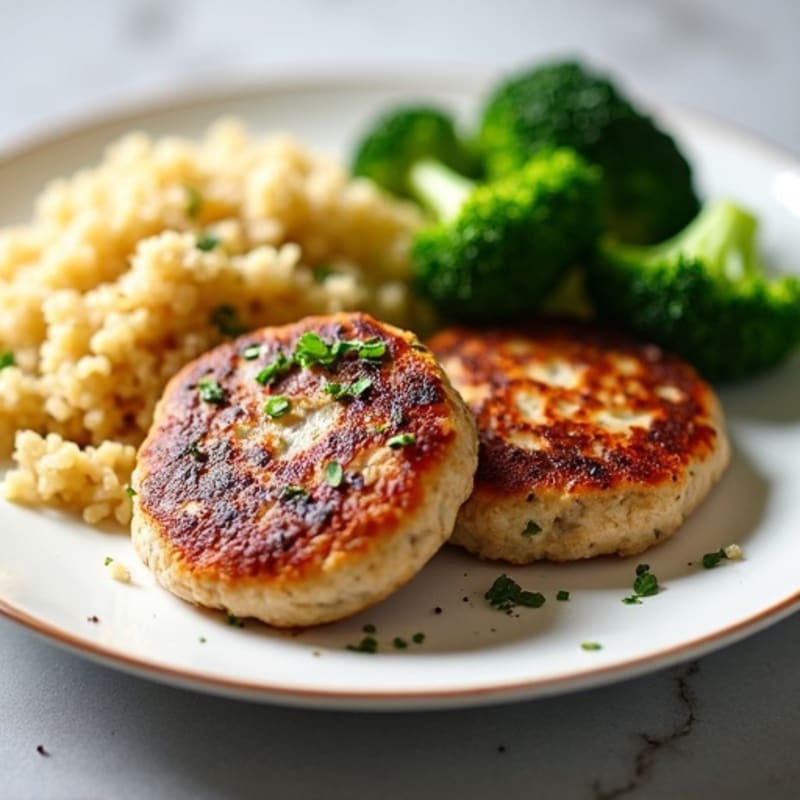 Seared Turkey Patties with Steamed Broccoli and Quinoa