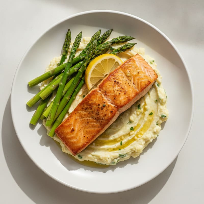 Seared Salmon with Steamed Asparagus and Garlic Mashed Cauliflower
