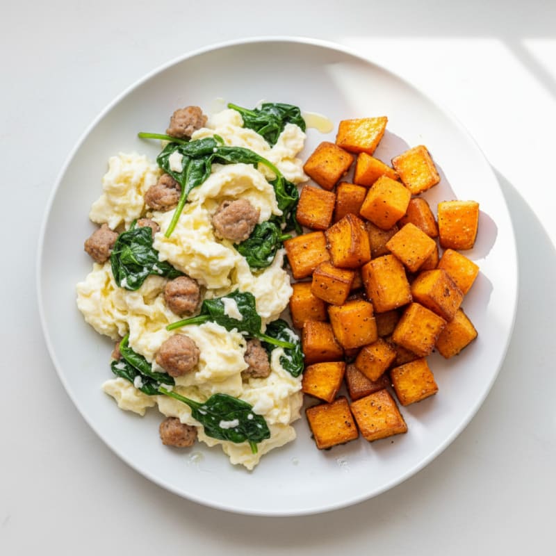 Egg White and Turkey Sausage Scramble with Spinach and Roasted Sweet Potatoes