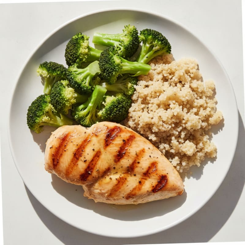 Grilled Chicken Breast with Steamed Broccoli and Quinoa