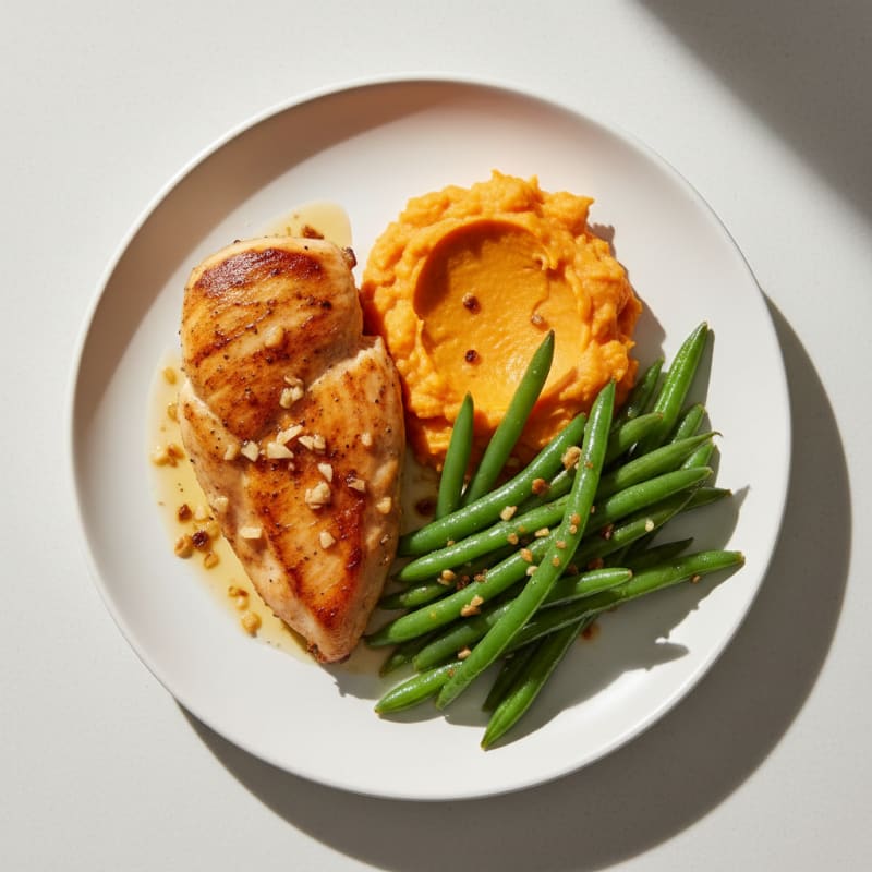 Seared Chicken Breast with Garlic Green Beans and Mashed Sweet Potato