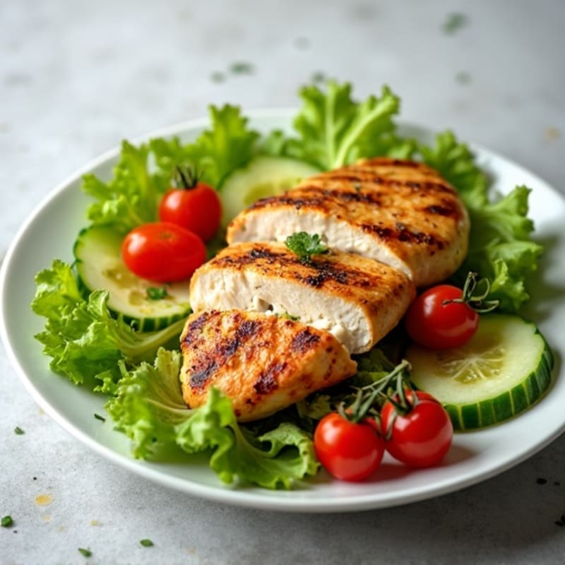 Grilled Chicken Breast over Crisp Romaine with Cherry Tomatoes and Cucumber