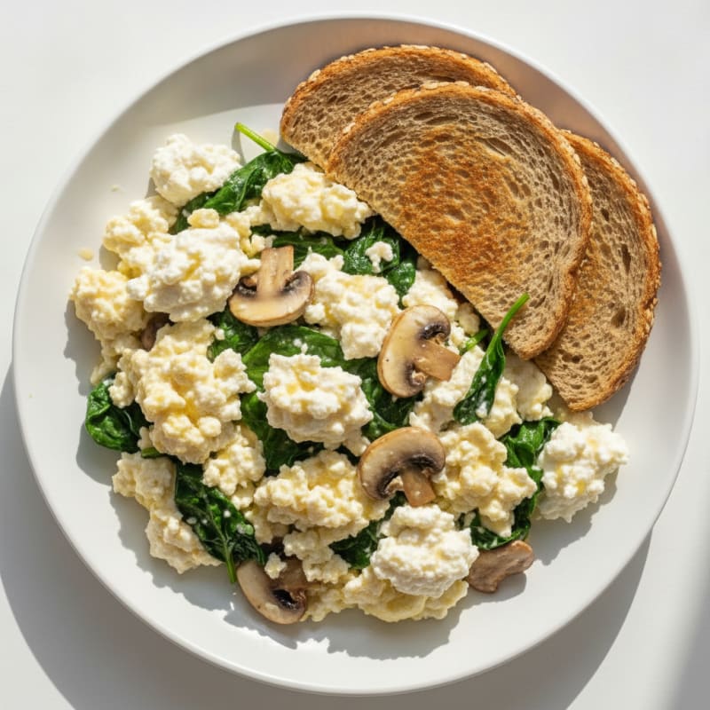 Egg White Spinach Scramble with Cottage Cheese and Sautéed Mushrooms