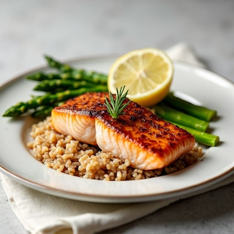 Seared Salmon with Steamed Asparagus and Brown Rice